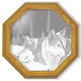 Decorative Etched Mirror - Wolf Art Etching, Octagon Solid Oak Framed Wall Mirror, 13 inches