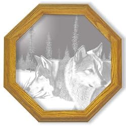 Decorative Etched Mirror - Wolf Art Etching, Octagon Solid Oak Framed Wall Mirror, 13 inches