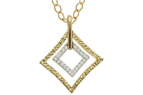 18K Yellow Gold Hammered Matte Finish Diamond Shaped Pendant  Enhanced with Pave Set Diamonds  Sliding on a 16'' Textured Open Link Necklace.