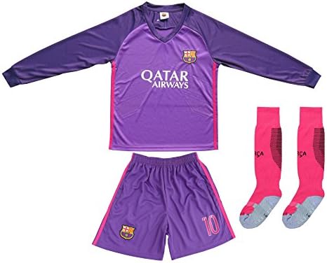 2016/2017 BARCELONA #10 MESSI KIDS AWAY PURPLE LONG SLEEVE SOCCER JERSEY &amp; SHORTS YOUTH SIZES