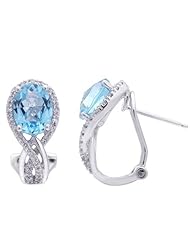 14k White Gold 3.54ct Cool Rd Diamond & Oval Blue Topaz Huggie Earrings