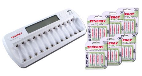 Combo: TN160 12-Bay AA/AAA NiMH/NiCD LCD Charger + 6 Cards: Centura AA (LSD) NiMH Rechargeable Batteries On Sale