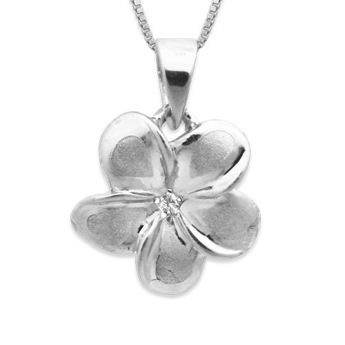 Plumeria Necklace Pendant with Diamond in 14K White Gold with Box Chain-11mm