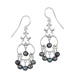 Sterling Silver Fancy Linear Drop French Wire Earrings with 6 Round Freshwater Peacock Pearl Drops