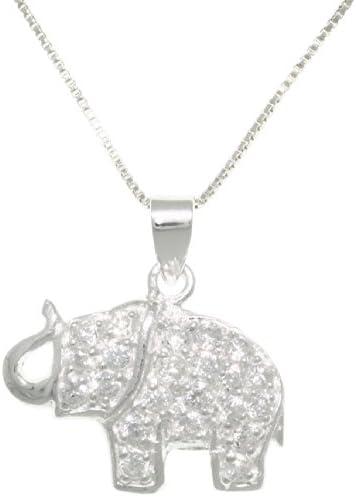 CGC Sterling Silver and Pave CZ Lucky Elephant Pendant on 18 Inch Box Chain Necklace