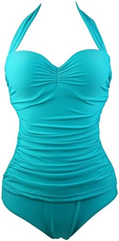 Cocoship 50s Elegant Inspired Retro Vintage One Piece Pin Up Monokinis Swimsuit(FBA) Teal(Fast Ship) L(US6-8)