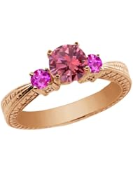 1.01 Ct Round Pink VS2/SI1 Diamond Sapphire and 18K Rose Gold 3-Stone Ring