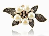 Vintage Tone Autumn Leaves Crystal Rhinestone Pearl Bead Flower Two Finger Ring