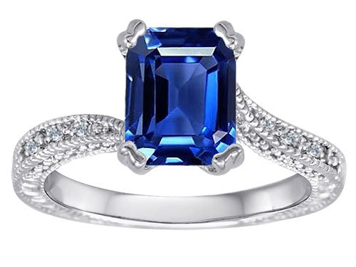 1.55 cttw Original Star K(tm) Solitaire Engagement Ring with Emerald Cut Lab Created Sapphire and 6 Genuine Diamonds in .925 Sterling Silver Size 5