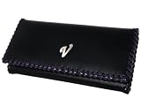 本牛革使用 バイカラーステッチ 二つ折り 長財布 ブラック×パープル Vマークデザイン