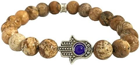 BSPRY Hamsa Hand Blue Evil Eye Fatima Semi-Precious Gemstones Stretch Bracelet
