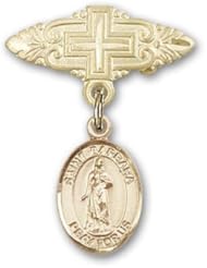 Gold Filled Baby Badge with St. Barbara Charm and Badge Pin with Cross
