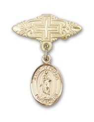 14K Gold Baby Badge with St. Barbara Charm and Badge Pin with Cross