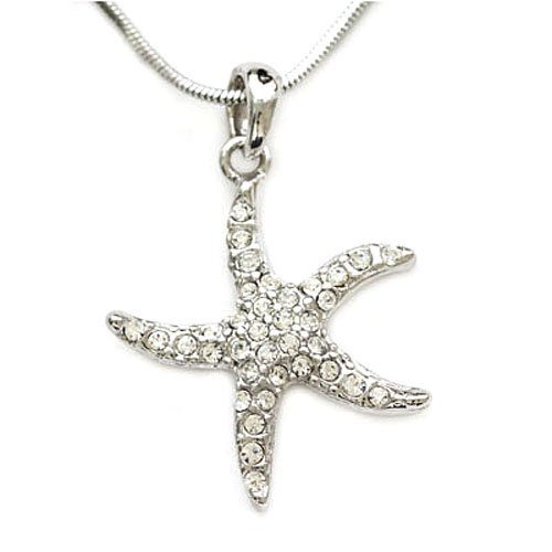 Silvertone and Crystal Starfish Charm Pendant Necklace Fashion Jewelry