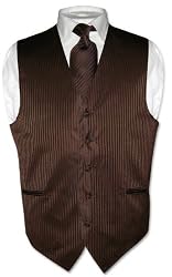 Men's Dress Vest & NeckTie Chocolate Brown Striped Vertical Stripes Design Set for Suit or Tuxedo