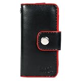 PCMICROSTORE Brand 4n1 Combo Kit for Microsoft Zune 4gb 8gb Premium Leather Wallet Case with LCD Screen Shield Protector - Bundled with 12v Rapid Premium Car Charger - Home Travel Wall AC Adapter Charger - AV Audio Video Cable - 5 Color Choices, BLACK/RED