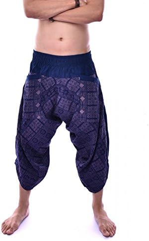 Native pants Men's Thai Traditional Art Samurai Pants Free Size XS-2XL Blue