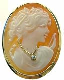 Goddess Diana, Cameo Pin Pendant Master Carved, 14k Gold with Diamond Necklace