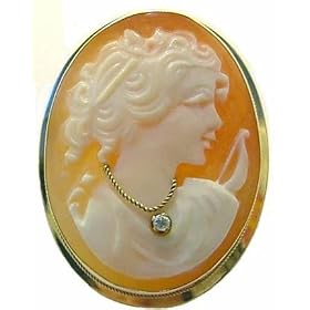 Goddess Diana, Cameo Pin Pendant Master Carved, 14k Gold with Diamond Necklace by