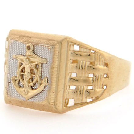 10k Solid Two Tone Gold Navy Religious Anchor Mens Ring