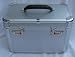 Aluminium Cosmetic Make-Up Carrying Train Case with Combination Key Entry - 14 x 8 1/2 x 9 inches - Has a small 12 x 3 1/2 inch tray for make up utensils - Has 4 straps for holdong brushes or utensils - Has a mirror on inside of case lid JPFSP