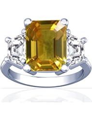 Platinum Emerald Cut Yellow Sapphire Three Stone Ring