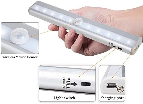 Pacuwi Sensor Night Light DIY Stick-on Anywhere Portable 10-LED Wireless Magnetic Sensing Closet Light for Cabinet/Stairs/Hallway/Garden/Step Light Bar (USB Rechargeable)