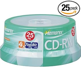 Click here to buy Memorex 4x 700 MB 80-Minute CD-RW Discs (25-Pack Spindle) by Memorex.