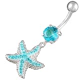 14Gauge (1.6mm), 3/8" 14Gauge (1.6mm), 3/8" Inch (10mm) starfish Aquamarine Swarovski Crystal Ferido dangle belly dangling navel button ring dangly bar AFYH - Pierced Body Piercing Jewelry