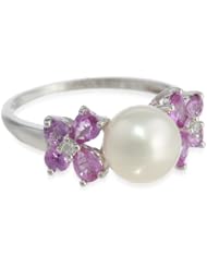 10k White Gold Sapphire, Freshwater Cultured Pearl and Diamond Ring (0.03 cttw GH, Color, I2-I3 Clarity)