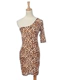 Anna-Kaci S/M Fit Brown Cheetah Print One Shoulder Mid Sleeve Hot Party Dress