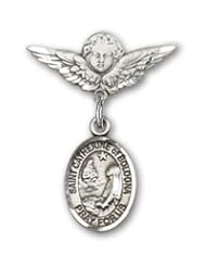 Sterling Silver Baby Badge with St. Catherine of Bologna Charm and Angel with Wings Badge Pin