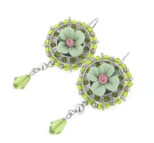 Antique Style Green Crystal Flower Leverback Earrings