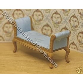 Handcarved Oak Setee with Pale Blue Satin Upholstery Dollhouse Miniature