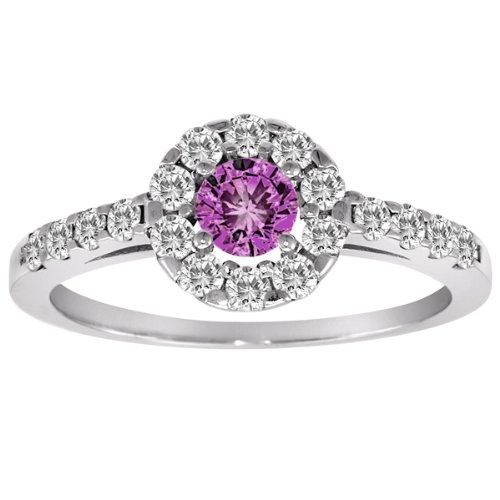 18K White Gold Halo Round Diamond & Pink Tourmaline 