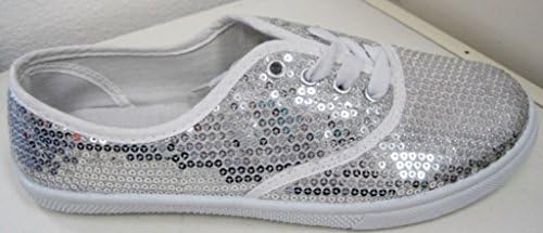 Callie Shoes New Comfy Women Canvas Sneakers Tennis Shoes Slip On Flats Lace up Sequins Boat Silver 6