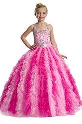 Girls Floor Length Halter Tulle Glittering Sequined  Crystal Lace Crystals Pageant Dress  With Ruffles