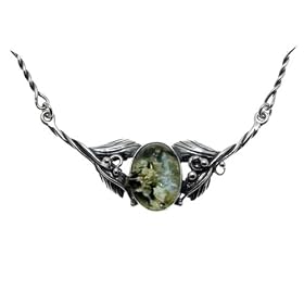 Green Amber and Sterling Silver Oval Wings Necklace
