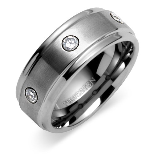 Triple CZ Brush Finish 9mm Comfort Fit Mens Tungsten Carbide Wedding Band Ring Size 10
