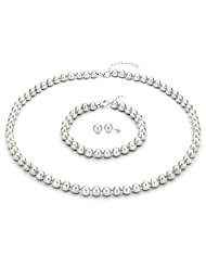 Sterling Silver Sets 8-9mm Round White Freshwater Pearl 18"+2" Extended Chain Length Necklace. Comes with Matching Bracelet 7" and Stud Earring.
