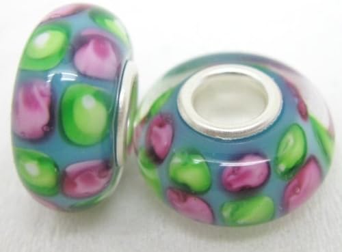Bleek2Sheek Murano Glass Pink &amp; Green Dots on Aqua Blue (set of 2) Fits Pandora