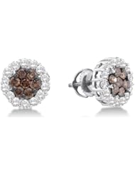 14K White Gold Round Brilliant Cut Chocolate Brown and White Diamond - Flower Shape Invisible & Channel Set Studs Earrings with Secure Screw Back Closure - (1.53 cttw.)