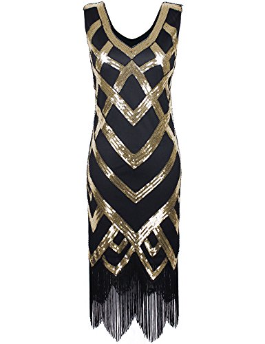 PrettyGuide Women's 1920's Vintage Beads Sequin Crisscross Fringe Hem Flapper Dress L Gold