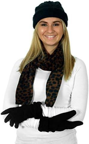 Women's 3 Piece Micro Fleece Hat, Scarf & Gloves Winter Set (Leopard)