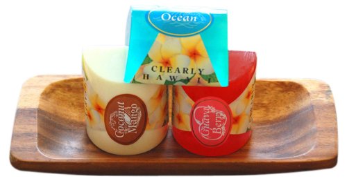 Maui Tropical Soaps Clearly Hawaii Glycerin Soap 3 Bar Gift Set On Monkey Pod Tray, 20-Ounce