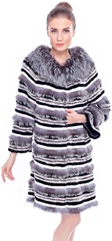QDFUR Women`s Silver Fox Fur Stripe Long Coat Wtih Sheared Rex Rabbit L
