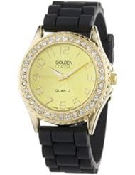 Golden Classic Womens 2289_gold/black "Love Affair" Clear Rhinestone Black Silicone Watch