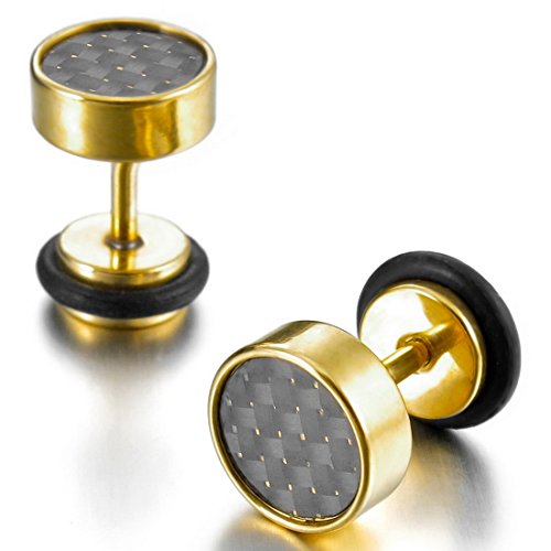 Men's 8mm Stainless Steel Resin Carbon Fiber Stud Earrings Black Gold Tapers Cheater Faux Fake Ear Plugs Gauges Illusion Tunnel Non Pierce Body Jewelry