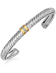 18K Yellow Gold and Sterling Silver Italian Cable Open Bangle with Diamonds
