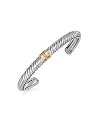 18K Yellow Gold and Sterling Silver Italian Cable Open Bangle with Diamonds